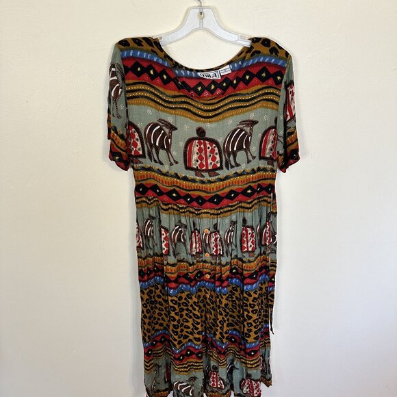 Vtg Bila Womens Maxi Dress Multicolor Animal Tribal Print Rayon Small Ethnic - Picture 2 of 8